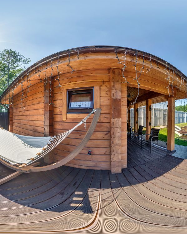full seamless hdri 360 panorama near wooden vacation homestead house with hammock in equirectangular spherical projection.VR content