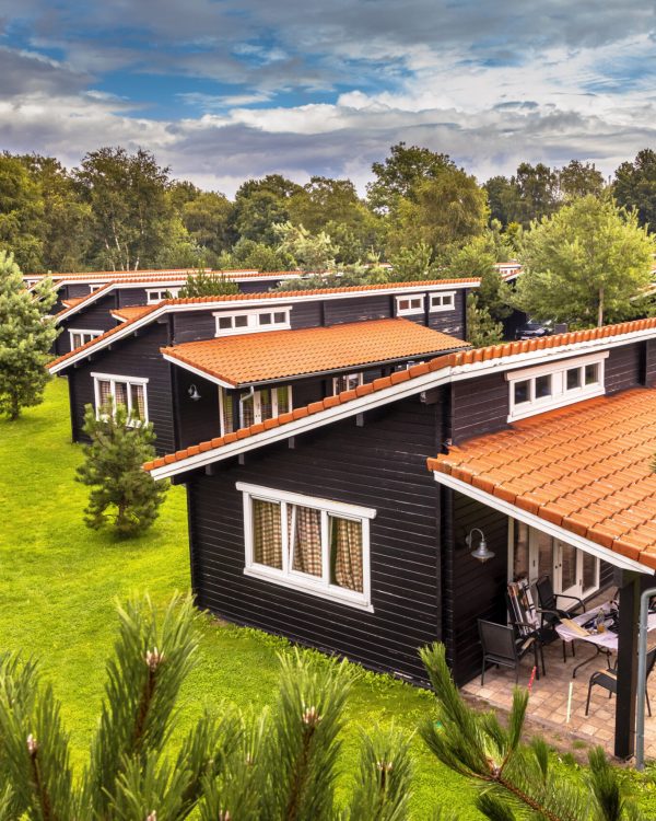Holiday Bungalow park with identical cottages in symetrical order in green forested area. Wooden chalets with orange roof tiles in grass and bushes. Netherlands.